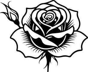 black and white illustration of a stylized rose, featuring bold, flowing lines and intricate detailing