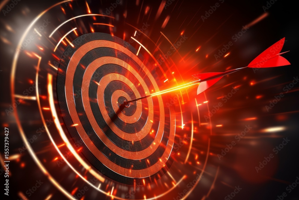 Poster dart hits the center of a glowing target with dynamic energy