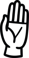 A simple black and white cartoon style illustration of an open hand with fingers spread apart palm facing forward conveying a gesture of greeting or stopping
