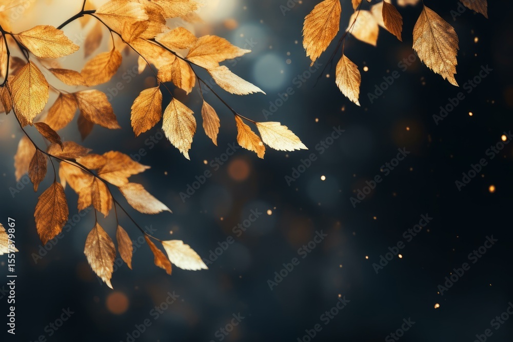 Poster golden autumn leaves glowing on a branch in a dark forest with bokeh effect, creating a magical atmo