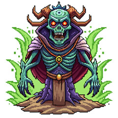Fototapeta premium Pixel Art Undead Creature with Glowing Eyes and Horns in Fantasy Setting