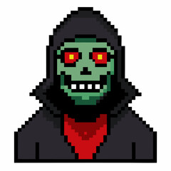 Fototapeta premium Pixel Art Grim Reaper with Red Eyes in Dark Hooded Cloak