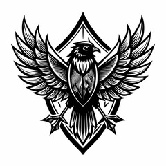 Obraz premium Intricate Black and White Eagle Crest Design with Outstretched Wings and Arrows
