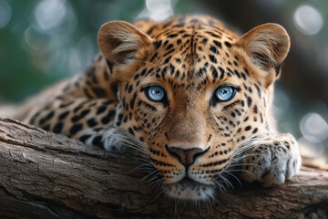Fototapeta premium Leopard rests on a branch while observing its surroundings in a lush green habitat