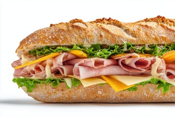 baguette sandwich with ham and cheese isolated on white background close up