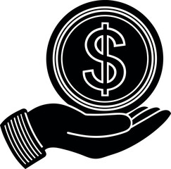 Hand holding dollar silhouette icon on transparent background