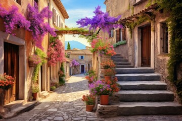 Obraz premium Colorful flowers overflowing from pots and hanging baskets adorn a charming italian street on a bright sunny day