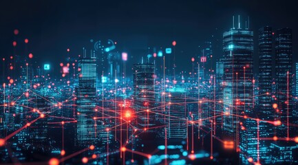 Fototapeta premium Digital cityscape at night, glowing network