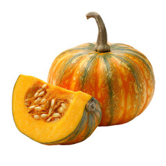 Whole and half pumpkin with leaf png