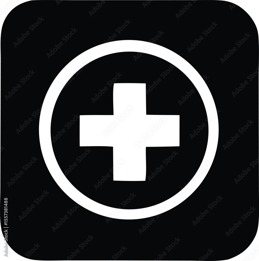 Poster a stark white plus symbol is centered within a white circle all set against a solid black background