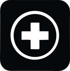 A stark white plus symbol is centered within a white circle all set against a solid black background with rounded corners