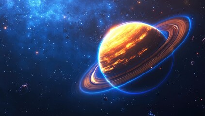Fiery ringed planet in deep space