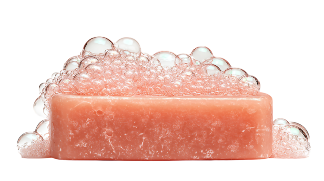 A bar of pink soap covered in bubbles against a black background view on transparent background