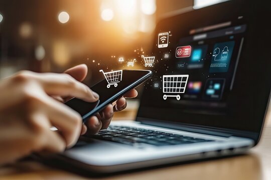 Hands using a smartphone and laptop for online shopping.  Overlayed shopping cart icons suggest online commerce