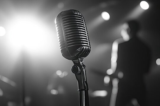 Fototapeta Retro microphone on stage.  Black and white photo of vintage microphone in spotlight, blurred background of band