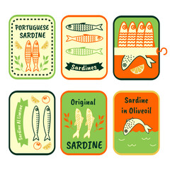 Hand drawn sardine tin illustrations. Vintage doodle style canned fish labels. Portuguese sardines, lemon olive oil seafood, retro fish packaging icons. 
Coastal Mediterranean product sketch art.