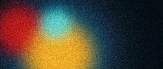 Yellow blue red grainy color gradient spotlight on dark backdrop, vibrant brochure cover poster header banner background design