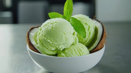 Light Green Coconut Ice Cream with Mint Garnish in White Bowl
