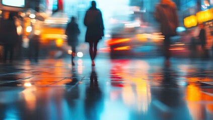 Blurry city street at night, wet pavement