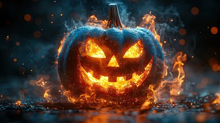 Burning jack-o'-lantern surrounded by fire and smoke.