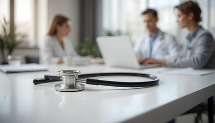 High-resolution, photorealistic image of a black and silver stethoscope on a white desk in a medical consultation room. Sharp focus on the stethoscope, blurred doctor and patient in background.