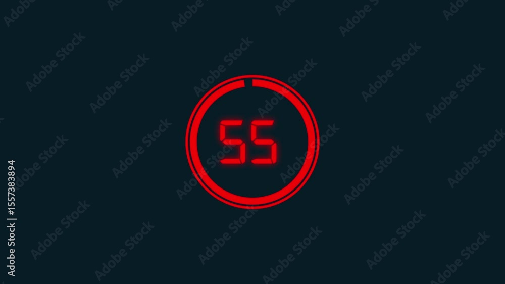 Poster digital countdown timer in 1 minute to zero second. white text number on isolated black background.