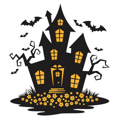 Spooky Halloween Haunted House with Bats Flying Overhead and Flowers Below, a Fun and Festive Holiday Vector Design