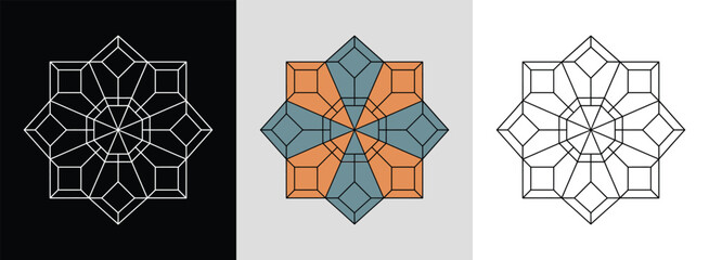 Artistic mandala with hexagonal shapes and bold symmetrical outlines for striking visual impact.