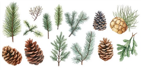 Watercolor illustrations of pine branches and cones