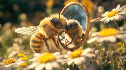 Hyperealistic unreal engine, adorable anthropomorphic bee looking in a mirror in a garden on white background -