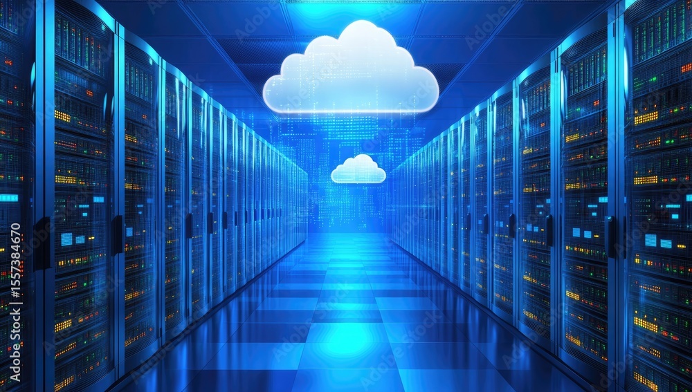 Poster server room with cloud computing overlay