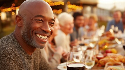 A joyful senior man smiling at a community gathering with friends and food in a warm setting.