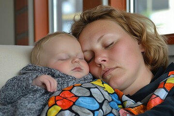 A mother peacefully sleeps with her newborn child resting on her chest, showcasing a tender moment.