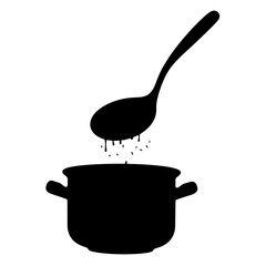 Silhouette of soup ladle over pot, black and white cooking concept