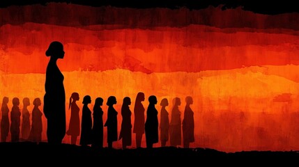 Silhouettes of diverse individuals standing in line against a vibrant orange background, symbolizing equality.