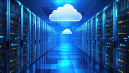 Server room with cloud computing overlay