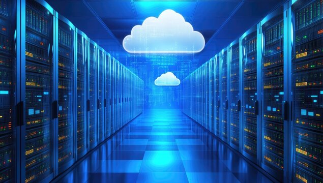 Server room with cloud computing overlay