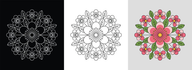 Cherry blossom mandala with delicate petals and bright springtime hues for floral decor.