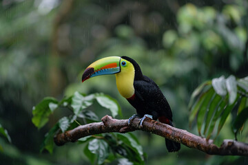 Obraz premium A vibrant toucan perched on a branch amidst a lush green rainforest, adding colors to a rainy scene.