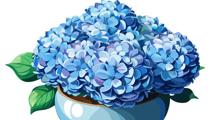 Obraz premium Close-up of pale blue hydrangea blossoms in a round pot, clusters of small flowers form a soft sphere, each petal catching light subtly, elegant freshness on a clean white backdrop.