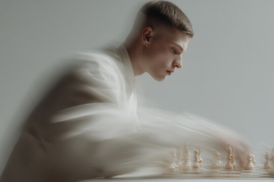 dynamic portrait of chess player captured in motion with random emotions displayed