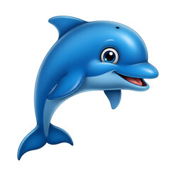Fototapeta premium Cute cartoon blue dolphin with big eyes and a friendly smile leaping joyfully out of the water