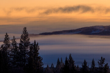 A serene mountain landscape at sunrise, with golden skies illuminating the horizon. A soft blanket of fog drifts over the dark forest below, while the snow-dusted peaks rise in the distance. 
