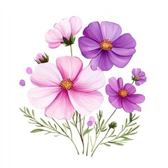 Fototapeta premium A beautiful illustration of pink and purple flowers with delicate leaves.