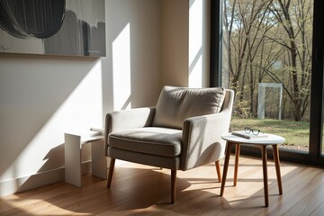 Fototapeta premium Cozy Armchair by Sunlit Window in Modern Minimalist Home Interior