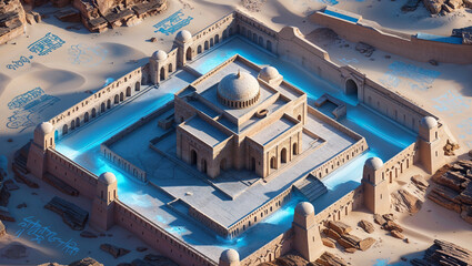 Obraz premium Aerial view of a desert fortress oasis with illuminated water and ancient architecture