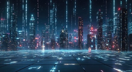 Futuristic cityscape, digital code overlay