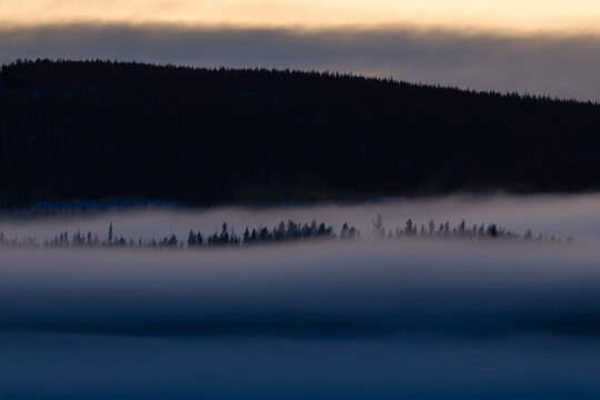 A serene mountain landscape at sunrise, with golden skies illuminating the horizon. A soft blanket of fog drifts over the dark forest below, while the snow-dusted peaks rise in the distance. 
