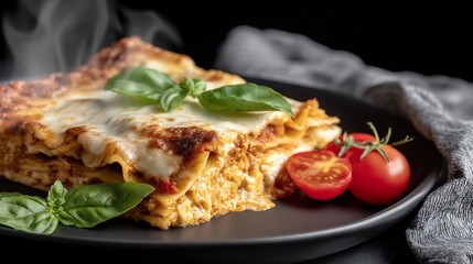 Hot, cheesy lasagna slice, ready to eat