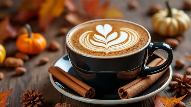 Autumnal Latte: A steaming cup of latte art, adorned with a delicate heart-shaped pattern, sits nestled among autumnal elements, including cinnamon sticks, pumpkins, and falling leaves.